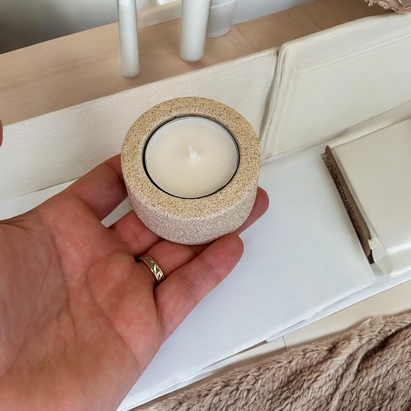 Round candle holder, one place, handmade with a raw granite finish